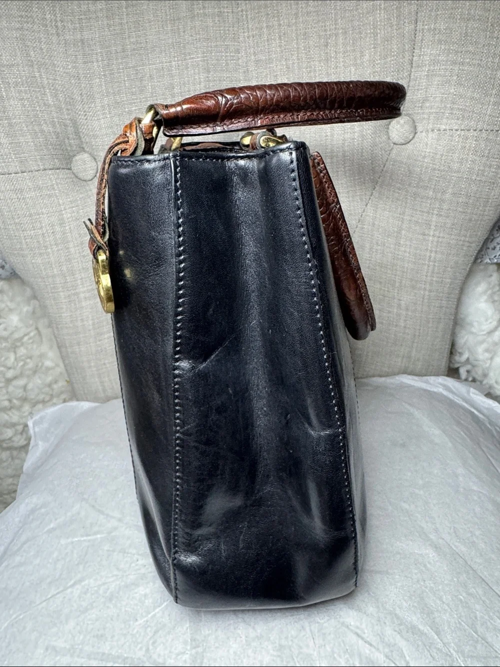 Brahmin Brown Croc-Embossed Leather Satchel with Black Panels vantage